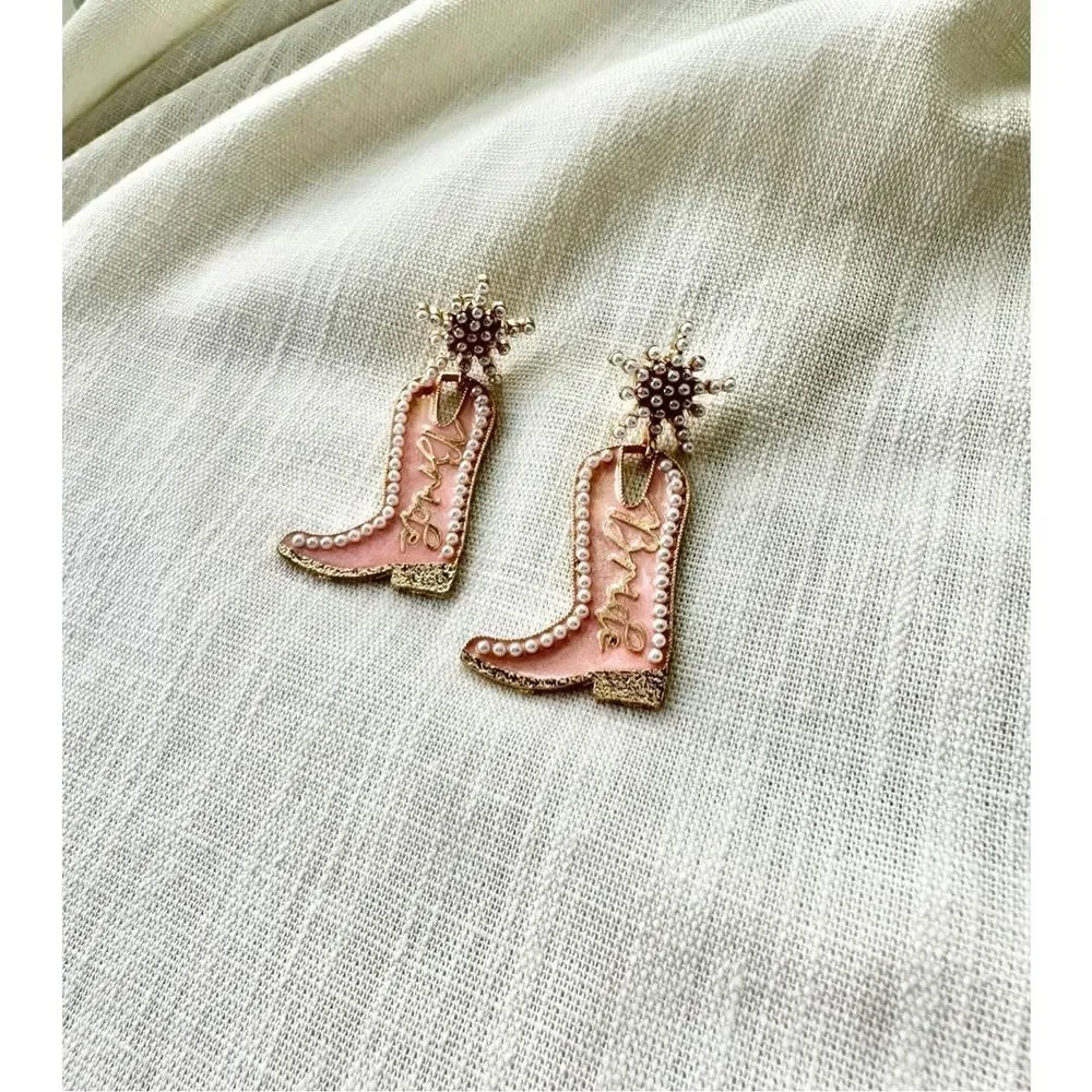 Bridal cowgirl boots with pearl dangle earrings pink - bride earrings